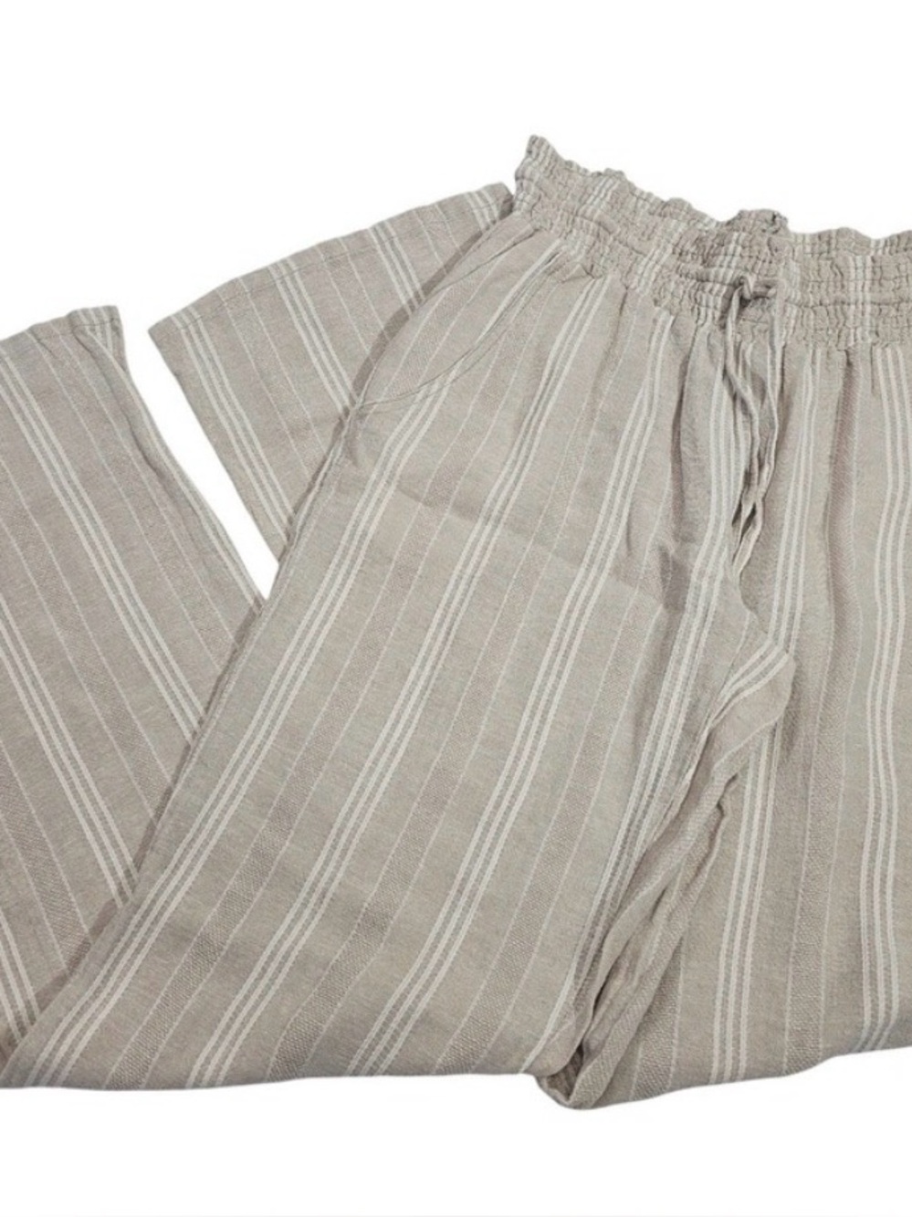 Indigo Rein Smocked High-Waist Drawstring Wide-Leg Pants in Beige Stripe